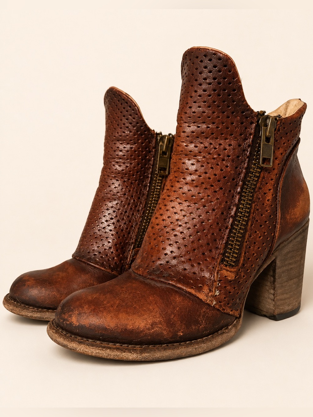 Freebird by Steven Bowie Rust Leather Perforated Ankle Boots Size 9